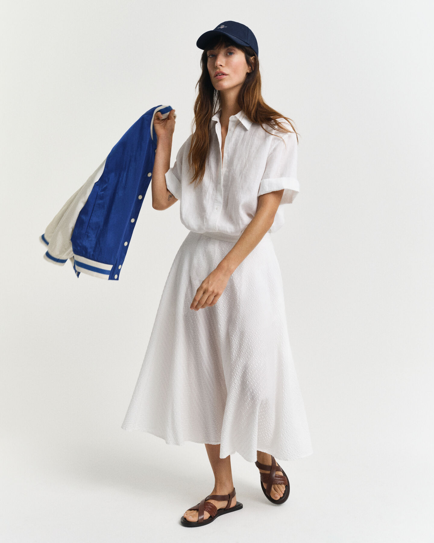 Saia Seersucker às riscas no mesmo tom