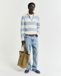 Camisola de malha entrançada de algodão às riscas com meio fecho de correr