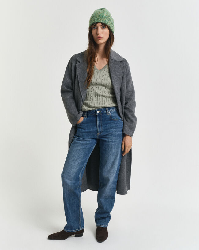 Camisola de malha entrançada com decote em V em algodão com elastano