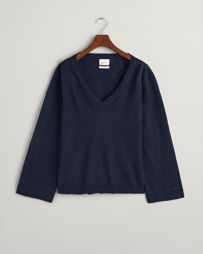 Pulover com decote em V em mistura de linho