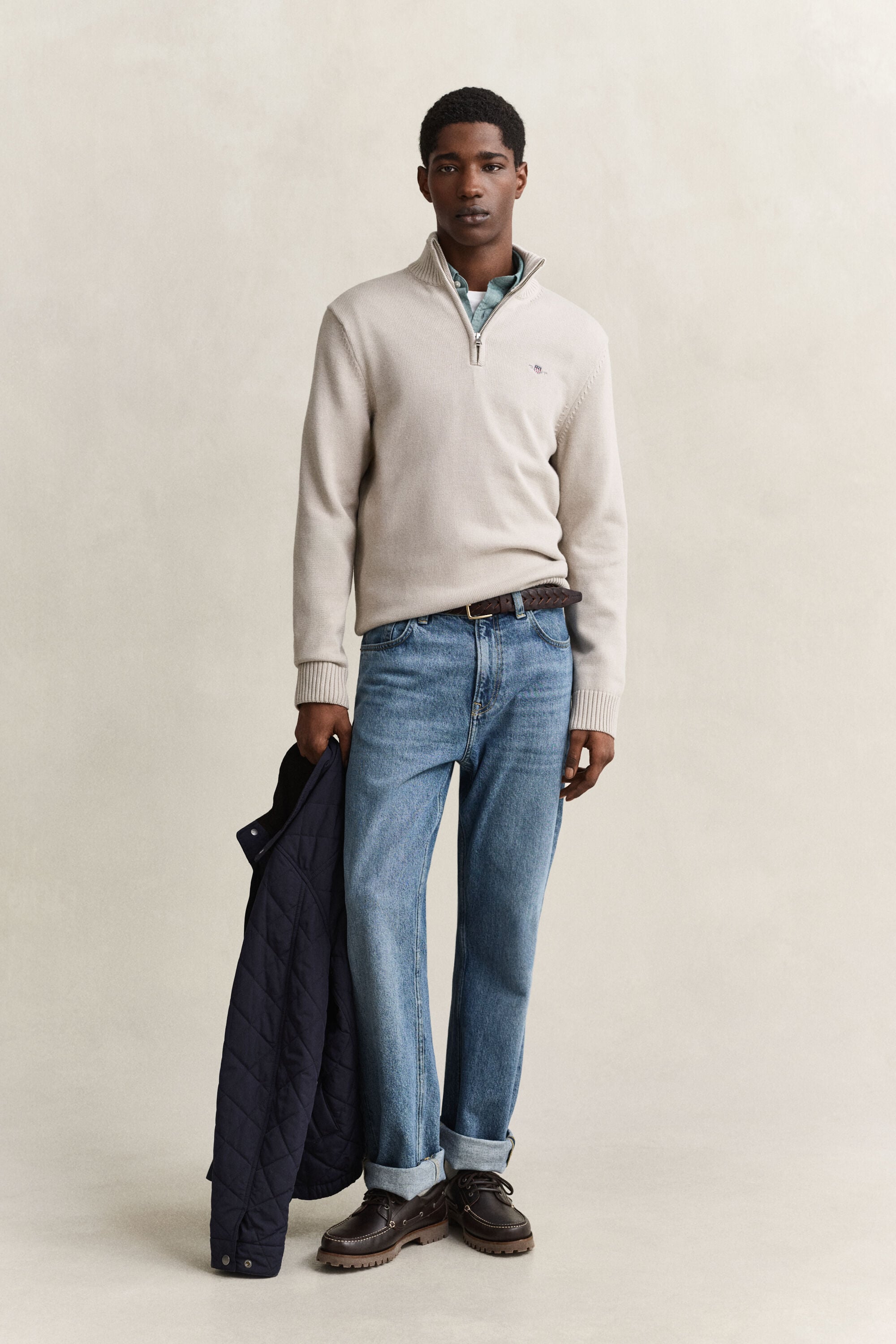 Camisola de malha em algodão com meio fecho Casual