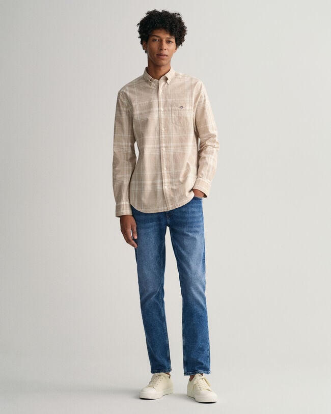 Camisa de linho e algodão com padrão de xadrez regular fit