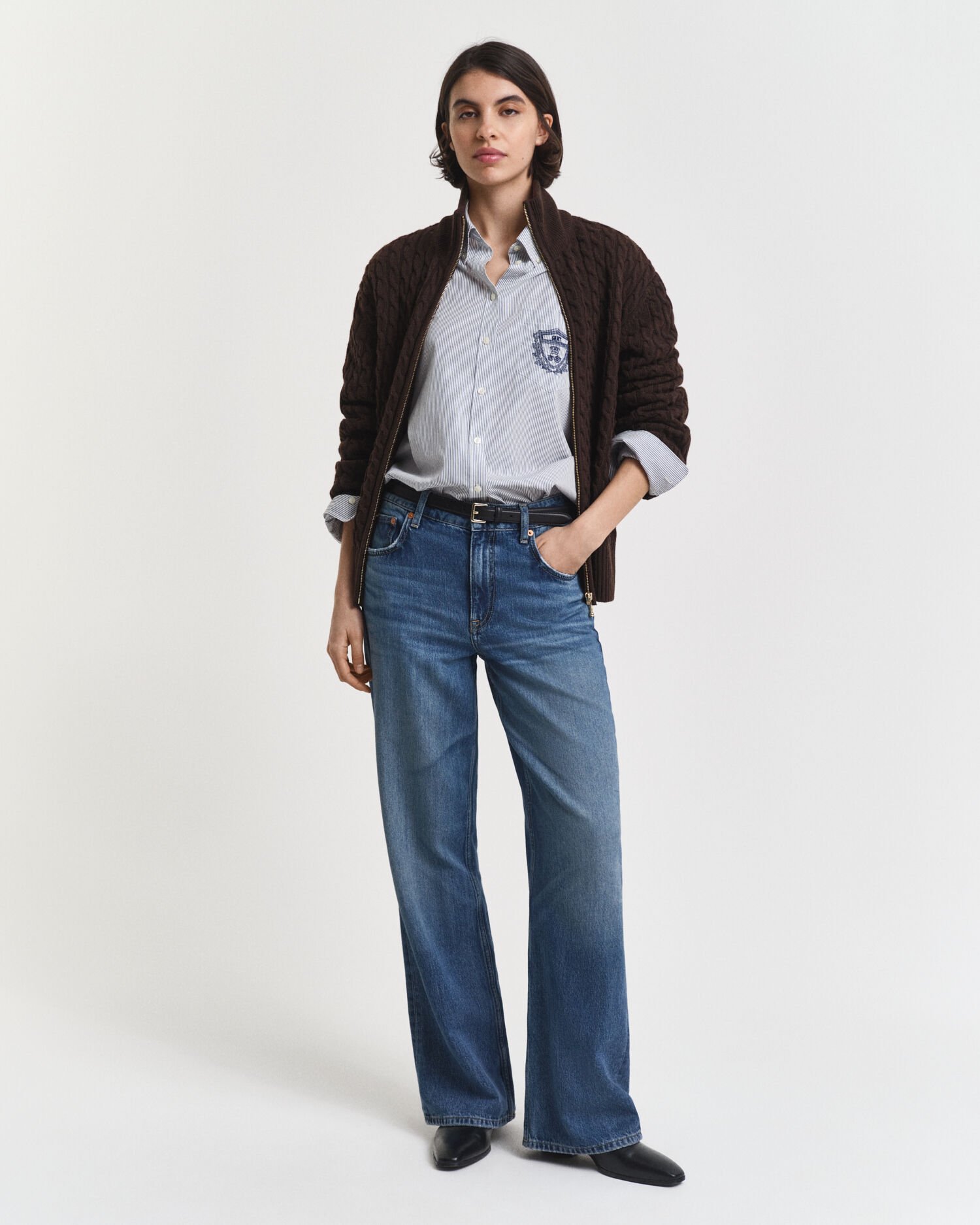 Casaco de malha entrançada com fecho de correr